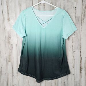Emery Rose Ombre Short Sleeve Blouse Blue Green Size Large